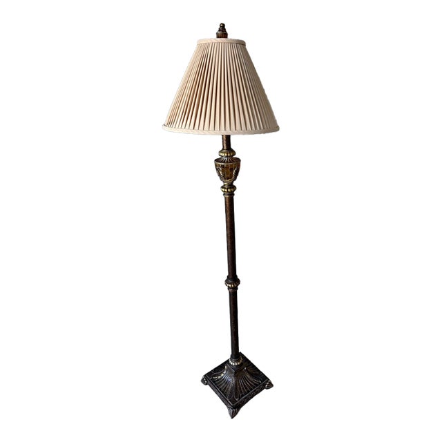 1980s Hollywood Regency Berman Gilded Floor Lamp With Amber Mosaic Glass Urn For Sale