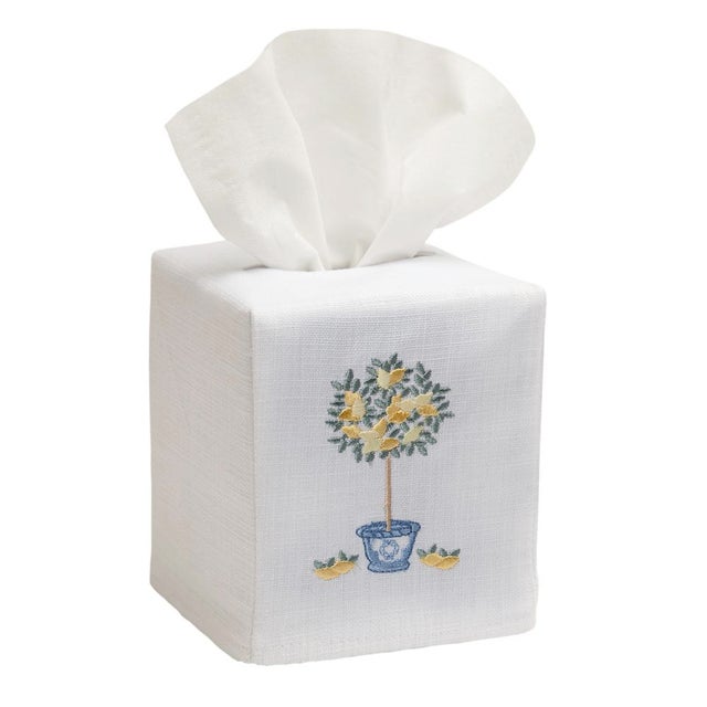 French Country Lemon Branch Tissue Box Cover White Linen & Cotton, Embroidered For Sale - Image 3 of 3