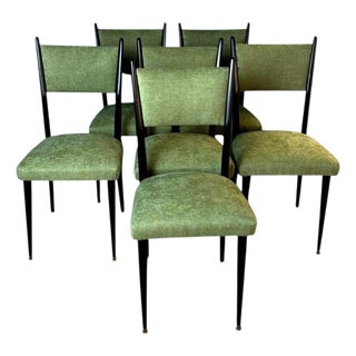 Ico Parisi Style – Set of 6 Ebonized Wood Chairs With Green Upholstery For Sale