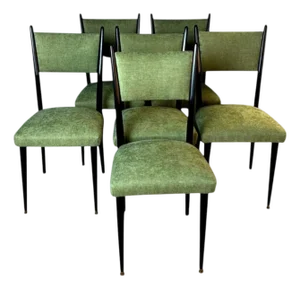 Ico Parisi Style – Set of 6 Ebonized Wood Chairs With Green Upholstery