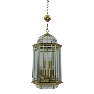 Large Brass & Beveled Glass Hanging Chandelier
