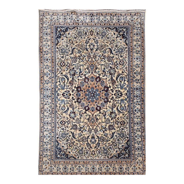 Vintage Persian Nain Area Rug, Handwoven Floral Pattern With Silk Highlights, Ivory & Blue, 4’ X 7’ For Sale
