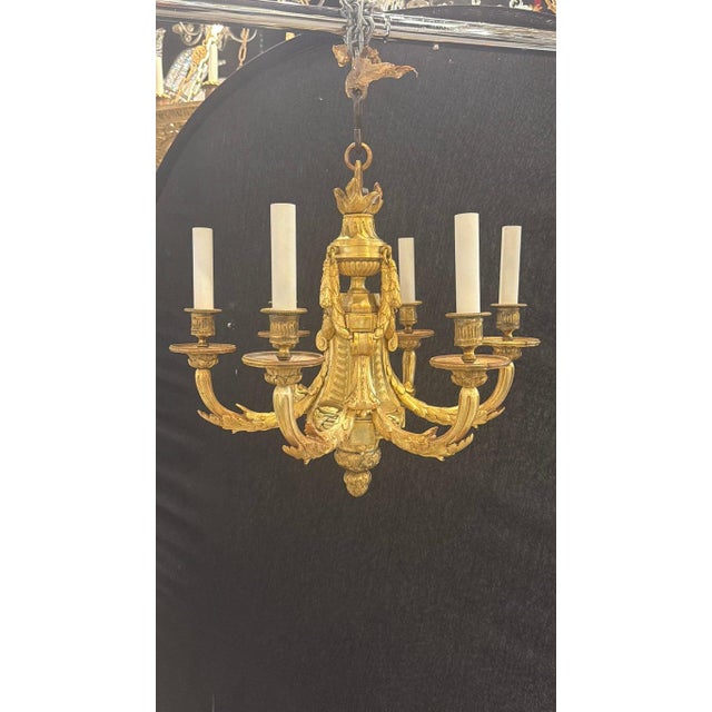 1900 Neoclassic Style Gilt Bronze Chandelier 6 Lights For Sale - Image 4 of 5