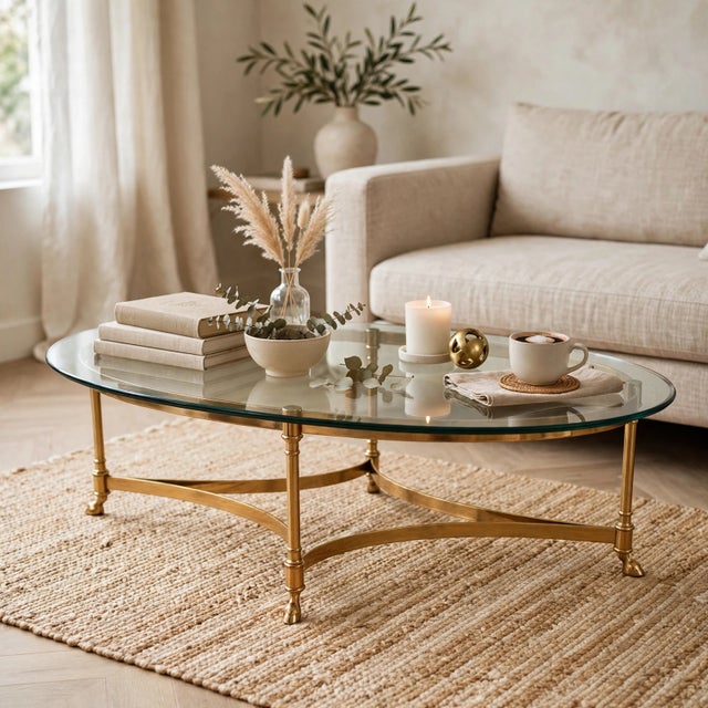 LaBarge Mid-Century Modern Oval Brass & Glass Coffee Table With Hoof Feet For Sale - Image 14 of 14