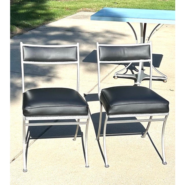 Wood 1950’s, Dining Room/Patio Set, Chrome Table Pedestal Base Has 4 Brass-Colored Balls & Four Chrome Chairs (2 Regular, 2 Captain), BLK Vinyl Cushions For Sale - Image 7 of 12
