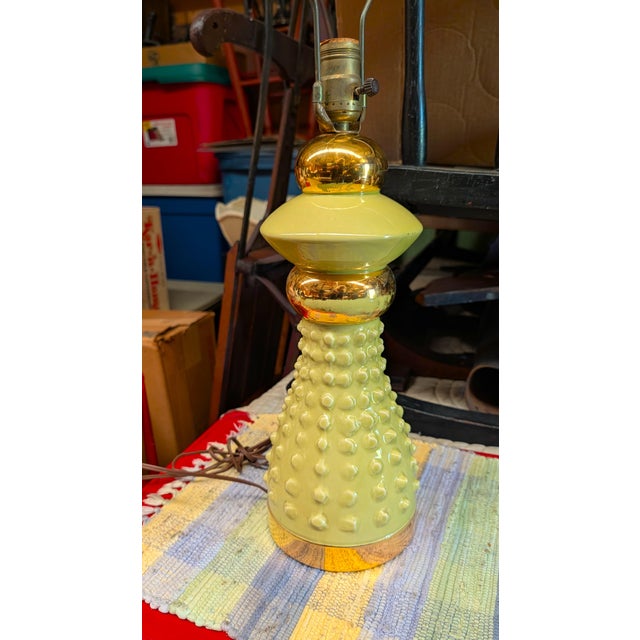 Vintage Mid Century Atomic Ceramic Lamp Base Light Lime Green and Gold With Marble Finial 1950s For Sale - Image 12 of 18