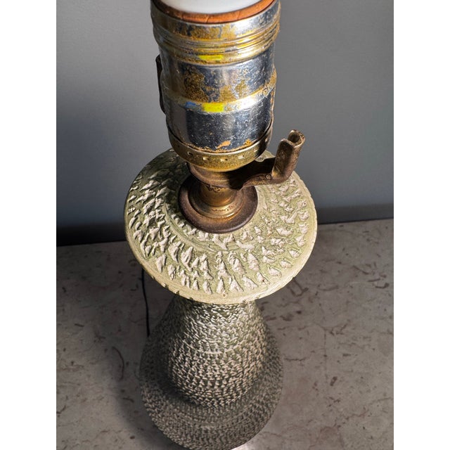 Mid 20th Century Large Handmade Bitossi-Style Green Ceramic Lamp With Etching & Brass Base For Sale - Image 10 of 12