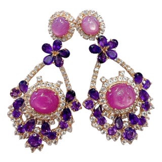Bochic “Capri “Vintage Candy Drop Earrings- Ruby, Amethyst & Topaz 18K Gold & S For Sale