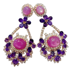 Bochic “Capri “Vintage Candy Drop Earrings- Ruby, Amethyst & Topaz 18K Gold & S