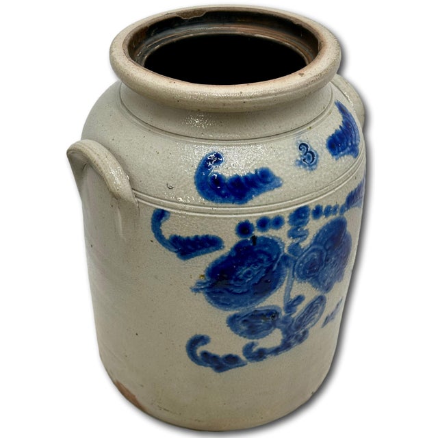 Blue Ourtstanding Antique Large 3 Gallon Size American Blue Hand Decorated Stoneware Butter Churn - Circa 1870s For Sale - Image 8 of 18
