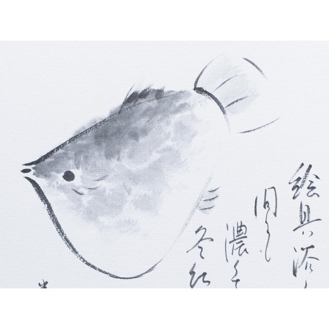 "Turbot Flatfish", Heisei Era Japanese Monochrome Watercolor Painting For Sale - Image 4 of 15