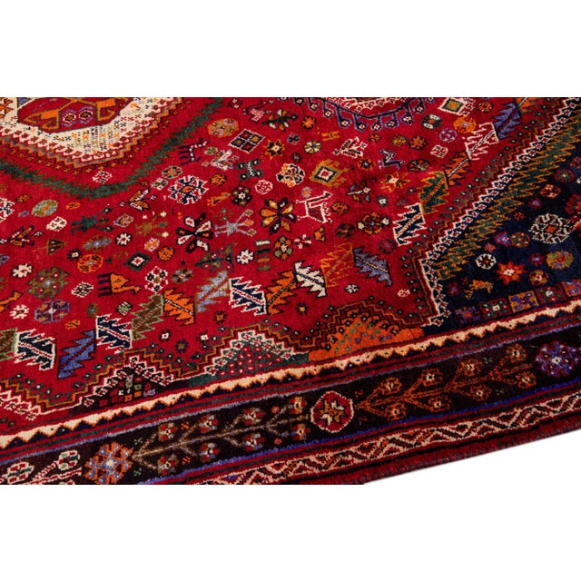 Vintage Handmade Shiraz Red Multi Medallion Wool Rug 6'0" X 9'6" For Sale In New York - Image 6 of 10