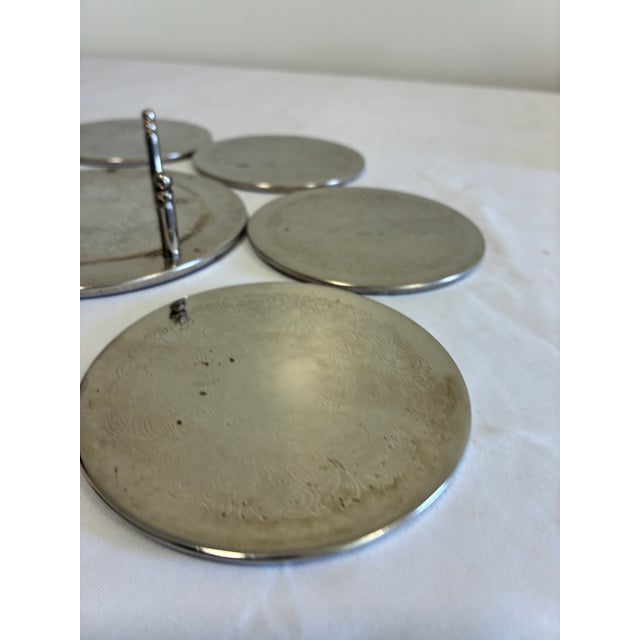 Metal Vintage Silver Engraved Coaster Set – Set of 6 Coasters With Holder For Sale - Image 7 of 13
