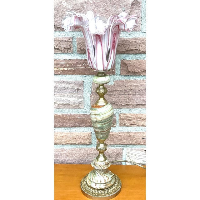 Mid-Century Modern Vintage Brass and Onyx Glass Shade Table Lamp, 1960s For Sale - Image 3 of 12
