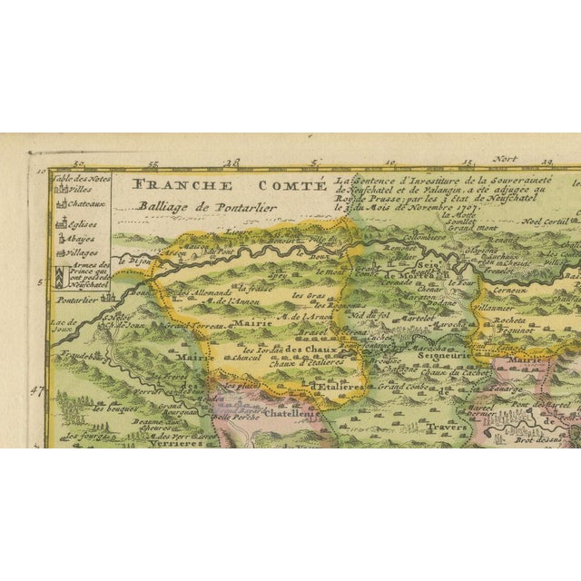 Paper Antique Map of Neuchâtel & Lake Neuchâtel with Heraldry, 1706 For Sale - Image 7 of 10