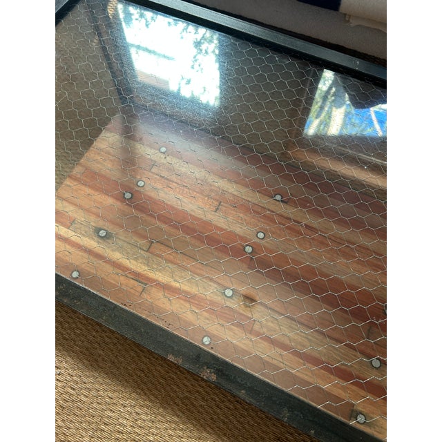 2010s Industrial Custom Made Metal and Chicken Wire Glass Coffee Table on Casters For Sale - Image 5 of 10