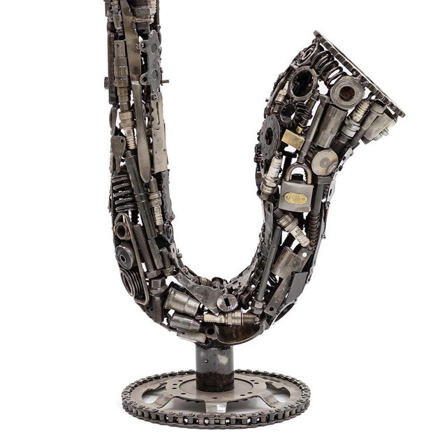 Premium Handcrafted Recycled Metal Saxophone Sculpture | 38" | One of a Kind For Sale - Image 9 of 9