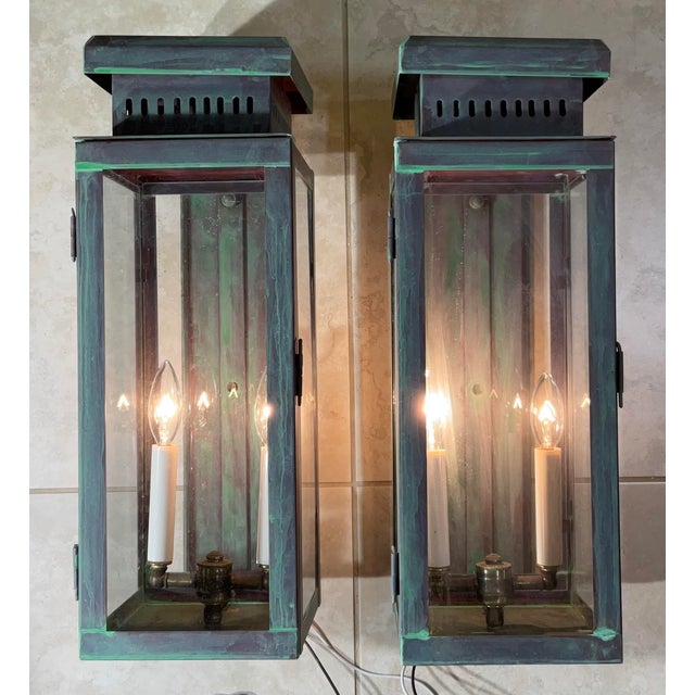 Rustic Large Stunning Pair of Solid Copper Wall Lanterns For Sale - Image 3 of 16