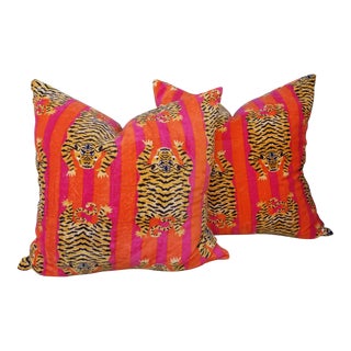Contemporary Cotton Velvet Tibetan Tiger Pillows- a Pair For Sale