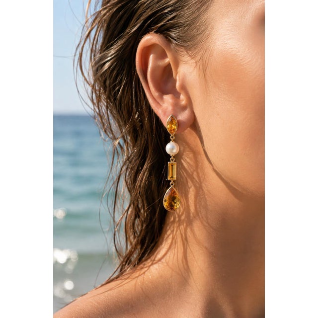 Metal Citrine & Pearl Drop Earrings Studs, Silver, Gold, Pair For Sale - Image 7 of 7
