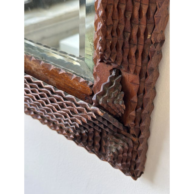 Antique Geometric Chip Carved Wall Pocket / Comb Box With Beveled Glass Mirror, Circa Late 19th Century For Sale - Image 13 of 17