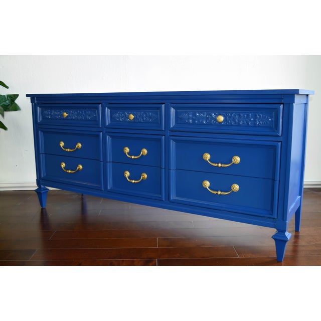 Permacraft Nine Drawer Navy Blue Dresser With Carved Front Chairish