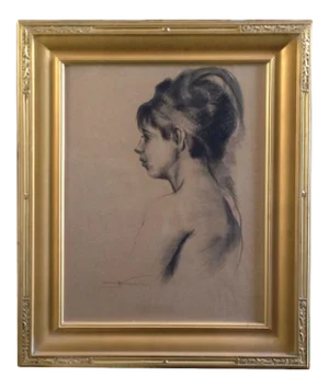 Early 20th Century Portrait Charcoal Drawing of an Young Woman with Feather by Emil Kosa Jr., Framed