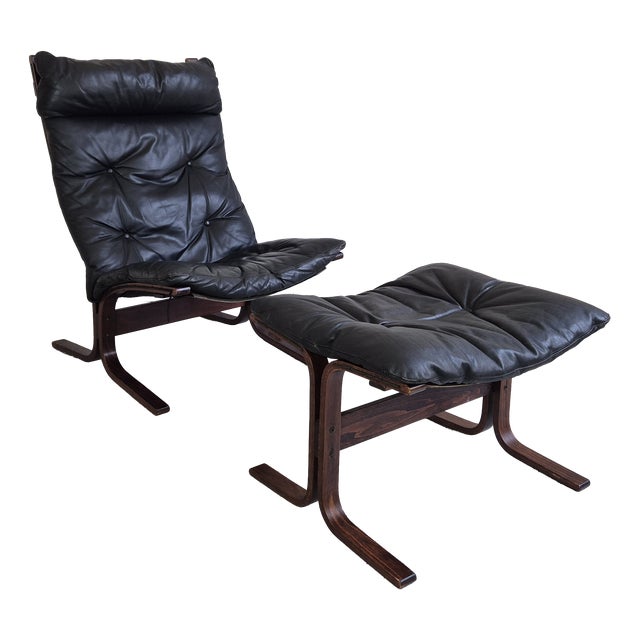 Set of Mid-Century Black Leather Siesta Chair and Ottoman by Ingmar Relling for Westnofa, 1960s For Sale