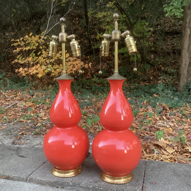 Wood Christopher Spitzmiller Coral Double Gourd Lamps With Gilt Bases - A Pair For Sale - Image 7 of 7