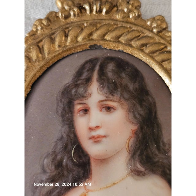 19th C Porcelain Miniature Portrait Young Woman W Dark Hair Signed Sherl For Sale - Image 4 of 12