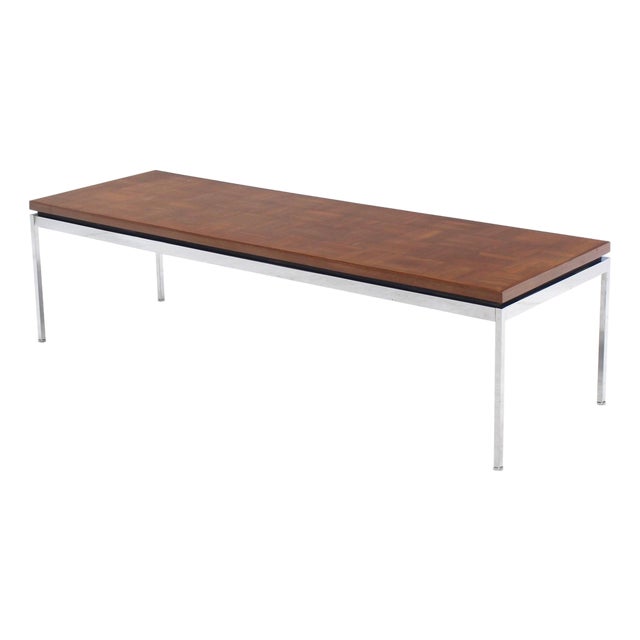 Solid Stainless Steel Heavy Base Rectangular Coffee Table with Parquet Top For Sale