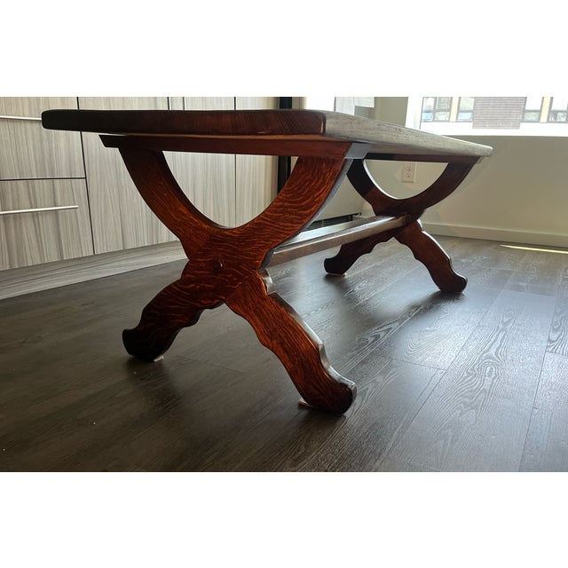 Solid quartersawn oak bench in Spanish Colonial style. Purchased decades ago from an antique shop in Santa Barbara. No...