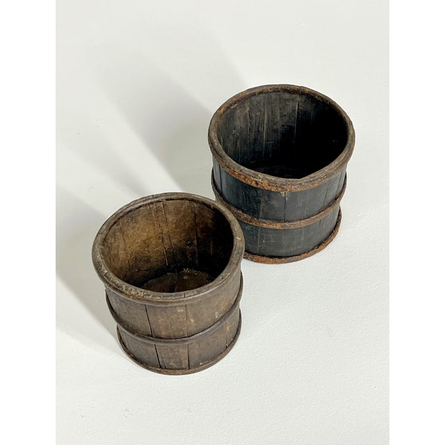 Pair of rare mini 19th Century Antique Chinese wooden buckets with iron bands, Qing-dynasty era, rustic and weathered...