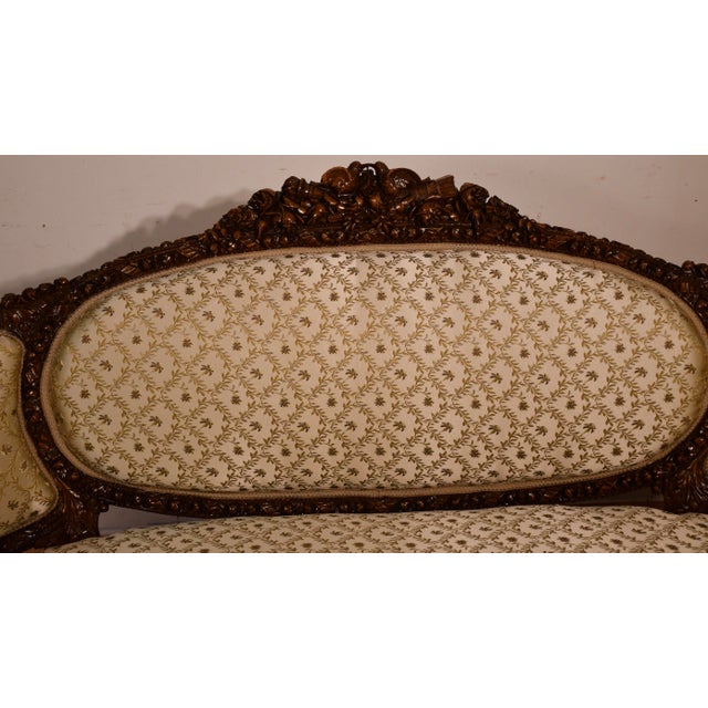 1920s Antique French Carved Walnut Spring-Seat Loveseat Sofa New Upholstery For Sale - Image 4 of 17