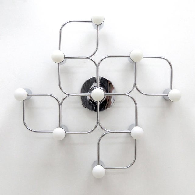 Wonderful nickel-plated nine-light flush mount light fixture by Leola, Germany, can be used as wall or ceiling light....