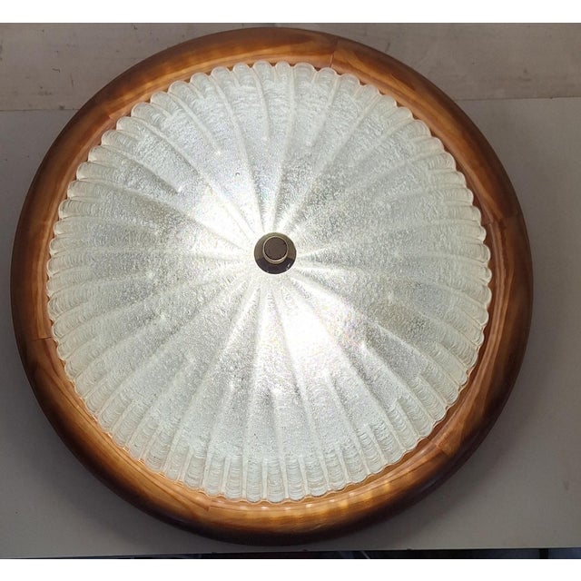 1980s Vintage Ceiling Lamp with Pine Wood Frame and Segmented, Curved Ice Glass Shade, 1980s For Sale - Image 5 of 7