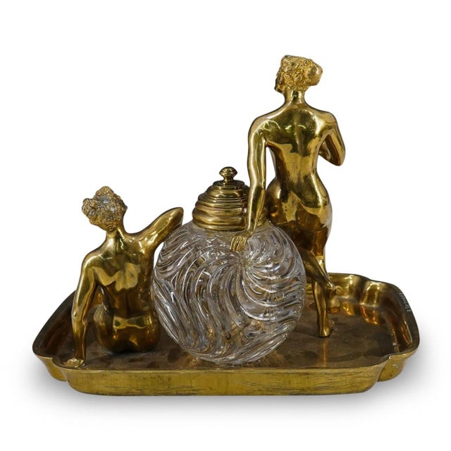 Antique Gilt Bronze & Glass Figural Inkwell Sign For Sale - Image 9 of 10