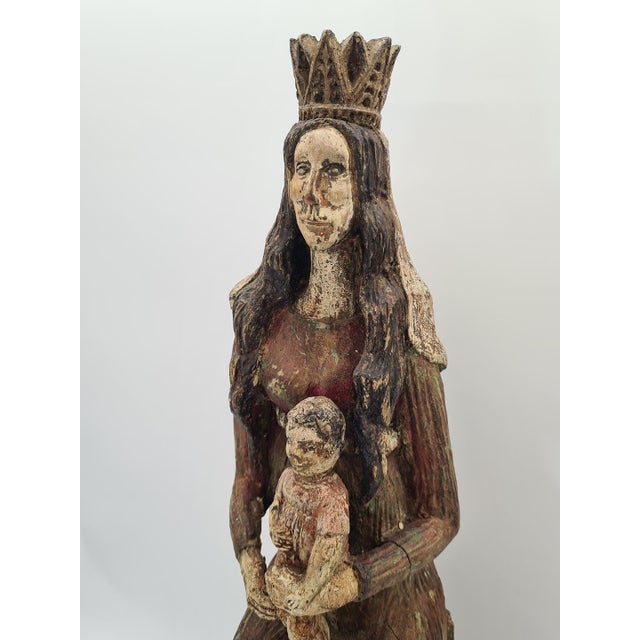 Hand-Carved and Polychromed Wooden Folk Sculpture of the Virgin Mary with Child, Early 20th Century For Sale - Image 10 of 15