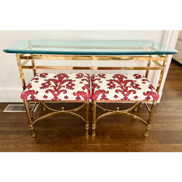 Brass Brass & Glass Console With Pair of Upholstered Benches Stools 3 Pc For Sale - Image 8 of 11