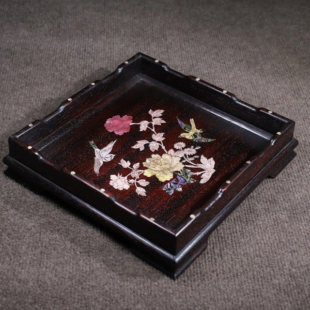 Traditional Late 19th Century Square Wooden Tray With Mother-of-Pearl Bird and Peony Inlay For Sale - Image 3 of 9