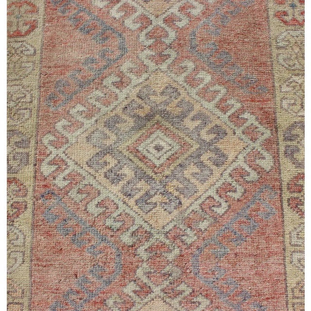 Mid 20th Century Vintage Turkish Oushak Runner in Soft Rose, Pale Blue, and Faded Ivory 2'11 X 14'3 For Sale - Image 5 of 9