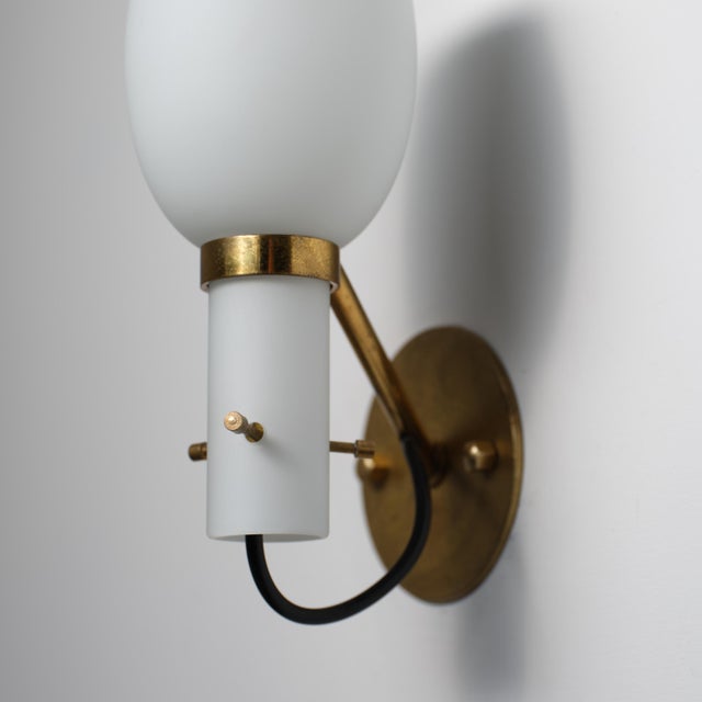 Mid-Century Modern Italian Brass Wall Sconces with Opaline Glass Shades, 1950s, Set of 2 For Sale - Image 3 of 11