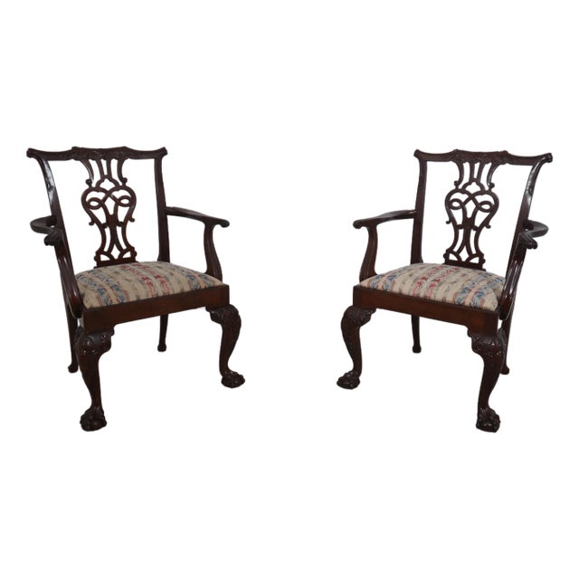 Pair Baker Ball & Claw Rococo Mahogany Armchairs For Sale