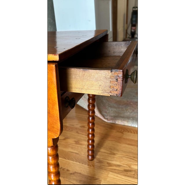 Antique English Hand-Constructed Cherry Drop Leaf Side/Work Table With Bobbin Legs For Sale - Image 15 of 15