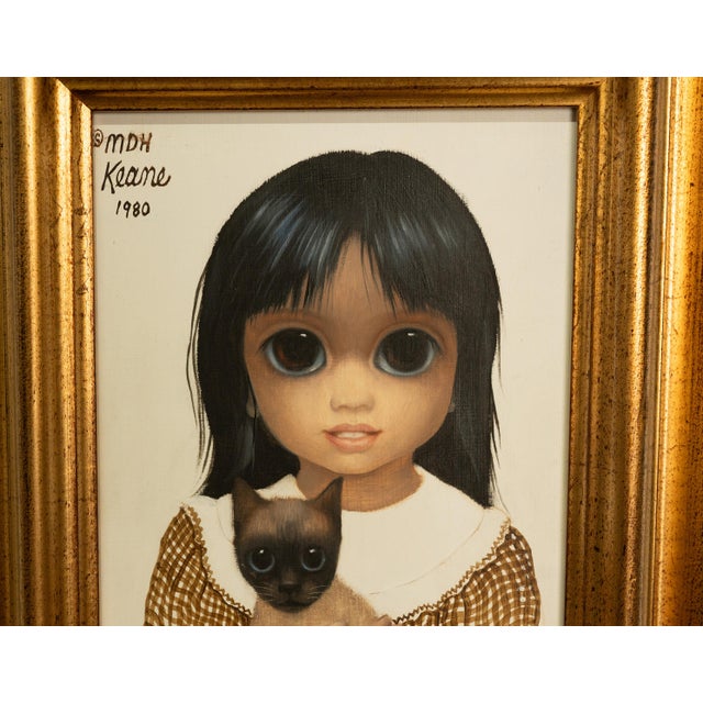 Authentic Oil Painting on Panel "Big Eyes" Beautiful Young Girl With Siamese Cat by Margaret Keane, 1980 For Sale - Image 9 of 14