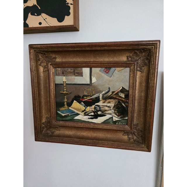 Wood Antique Signed Painting Trompe l'Oeil Mischievous Cat For Sale - Image 7 of 9