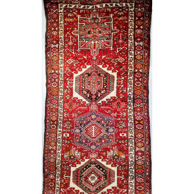 Antique Persian Heriz Karajeh Runner, Hand-Knotted Wool, Geometric Medallion Pattern, Red & Navy, 4x14 For Sale - Image 11 of 18