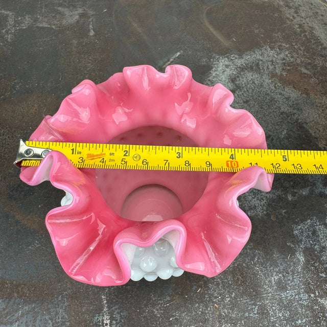 Vinatge MCM Fenton Pink & White Milk Glass Hobnail Peach Blow Ruffle Top Vase For Sale In Houston - Image 6 of 6
