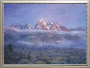 1990s "Foggy Mountain Landscape" Oil Painting by Tim Diebler, Framed