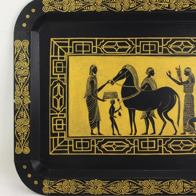 Vintage Hand Painted Egyptian Revival Tole Tray Black and Gold Pharaoh Motif Rectangular Serving Tray For Sale - Image 4 of 12